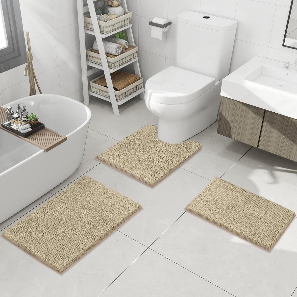 Hbsmat Bathroom Rug Set 3 Pieces Luxuriously Soft, Highly Absorbent Chenille Bath Rugs with Non-Slip PVC Backing and Machine Washable Toilet Rug for Bathroom, Bedroom, Kitchen, Hallway, Beige