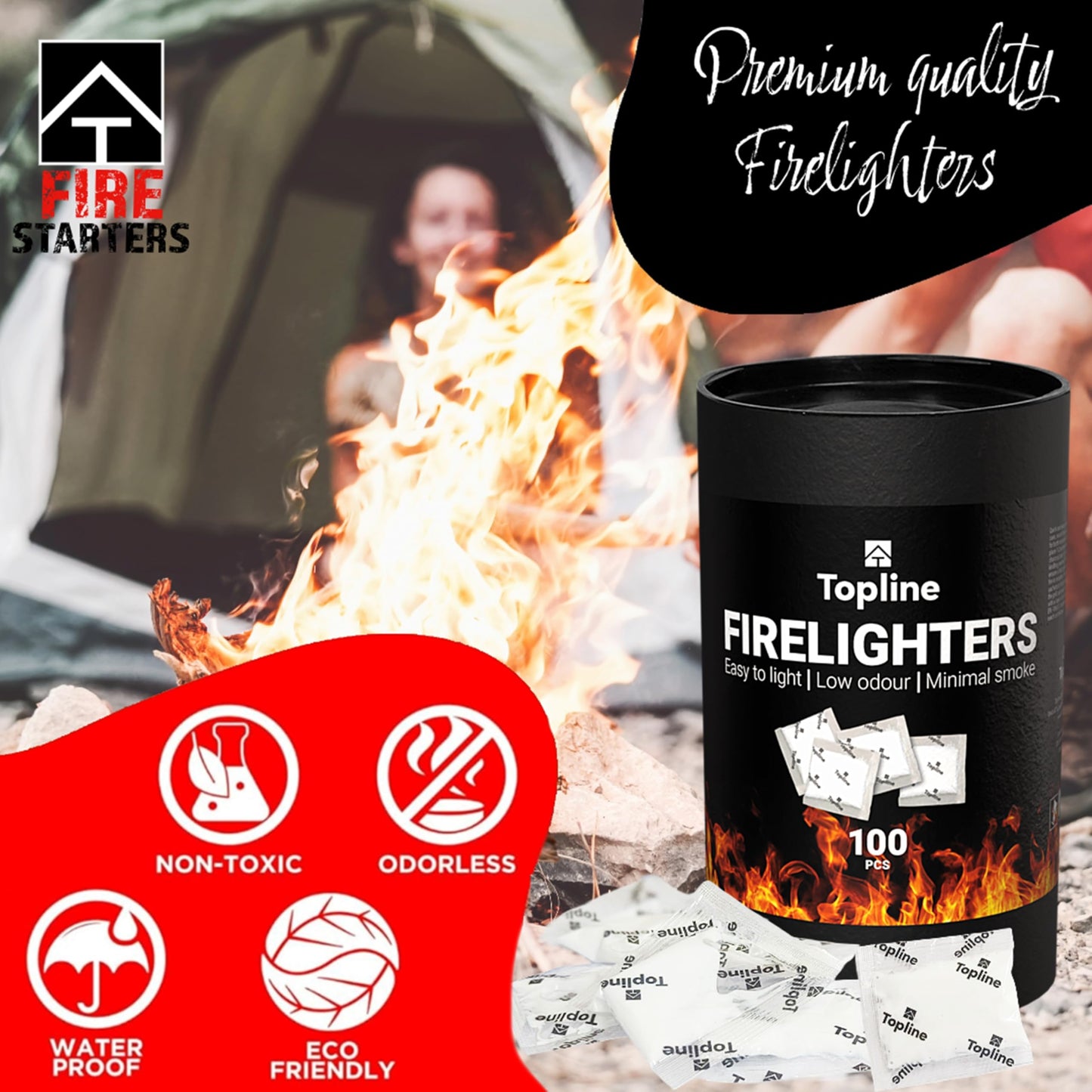 Topline 100 Fire Starters for Fireplace, Wood Stove, Charcoal BBQ & Campfire — Waterproof Odorless Fire Starter Sachets, Quick-Light Indoor & Outdoor Firestarter Pouches in Storage Tube