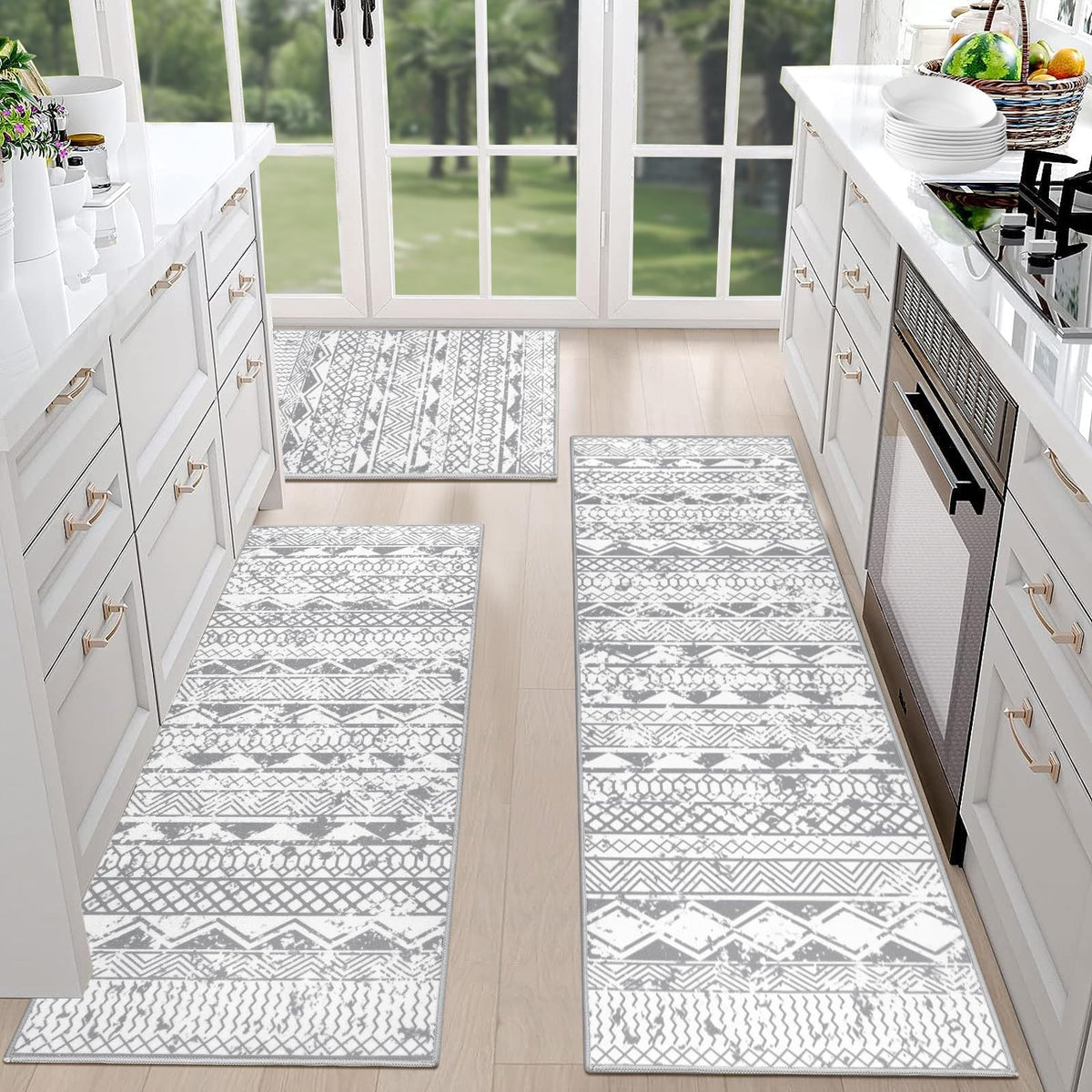 HEBE Boho Kitchen Rugs Set of 3, Non Slip Washable Kitchen Mats for Floor