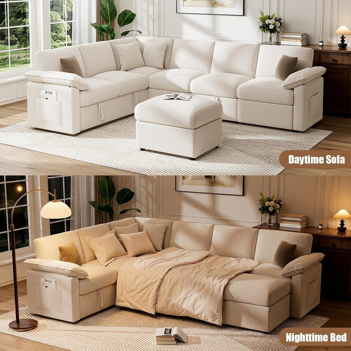L  Sleeper Sofa 109" Modular Sectional Sofa with Pull Out Bed, Beige