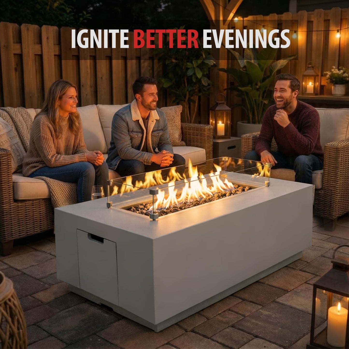 AMS 66" Rectangular Propane Fire Pit Table for Outdoor Patio (Light Gray)