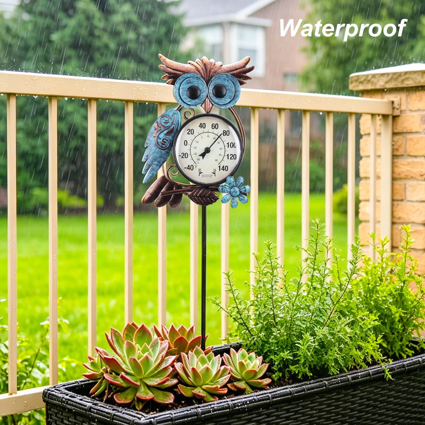 MUMTOP Outdoor Thermometer, 42 Inch Metal Owl Garden Stake Outside Wall Thermometer for Patio, Yard and Garden