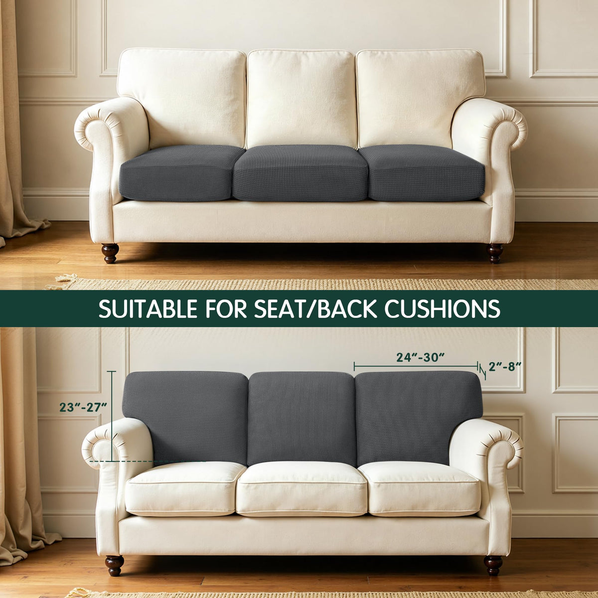 Hokway 3 Pcs Stretch Cushion Covers Elastic Sofa Seat Slipcovers Gray