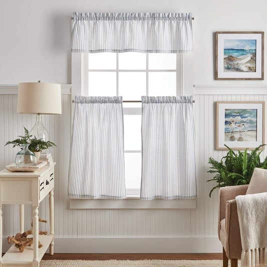 Martha Stewart Ticking Stripe 3-Piece Window Curtain Valance and Tiers Set, White Indigo