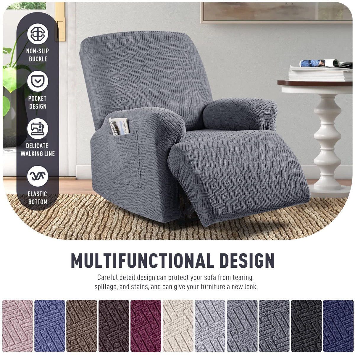 KinCam Recliner Chair Covers, Stretch Reclining Cover, Dark Gray