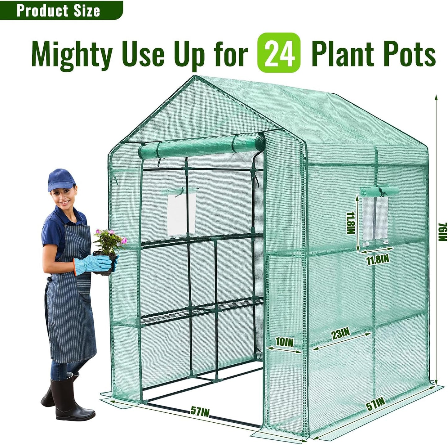 Greengro Greenhouse, 57 x 57 x 76'' Greenhouses for Outdoors, Portable Greenhouse Kit with Mesh Side Windows, PE Cover, 8 Shelves, Heavy Duty Walk in Green House for Backyard Garden Indoor Outside