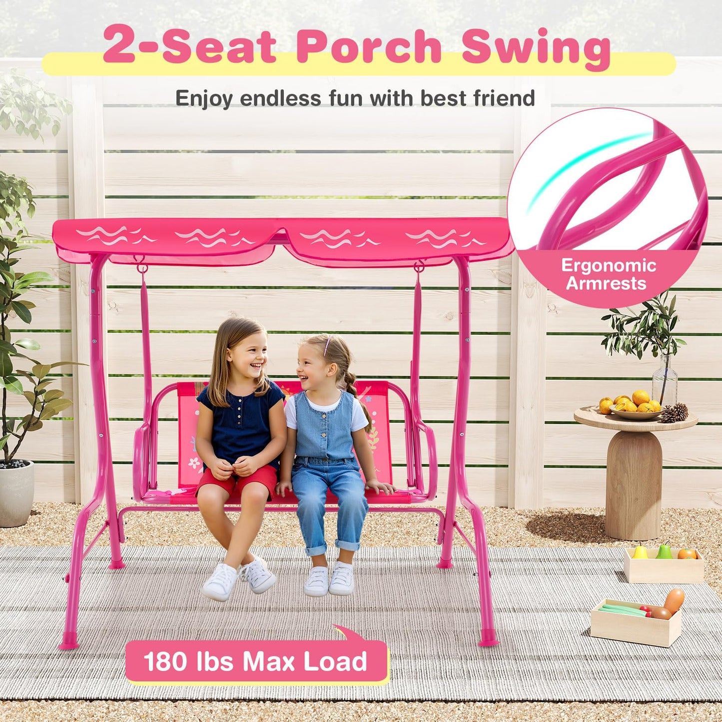 Costzon Kids Porch Swing, All-Weather Patio Swing Bench Hammock w/Adjustable Canopy & Safety Belts for 2 Children, Outdoor Swing for Backyard Garden Balcony Poolside (Pink, Mermaid)