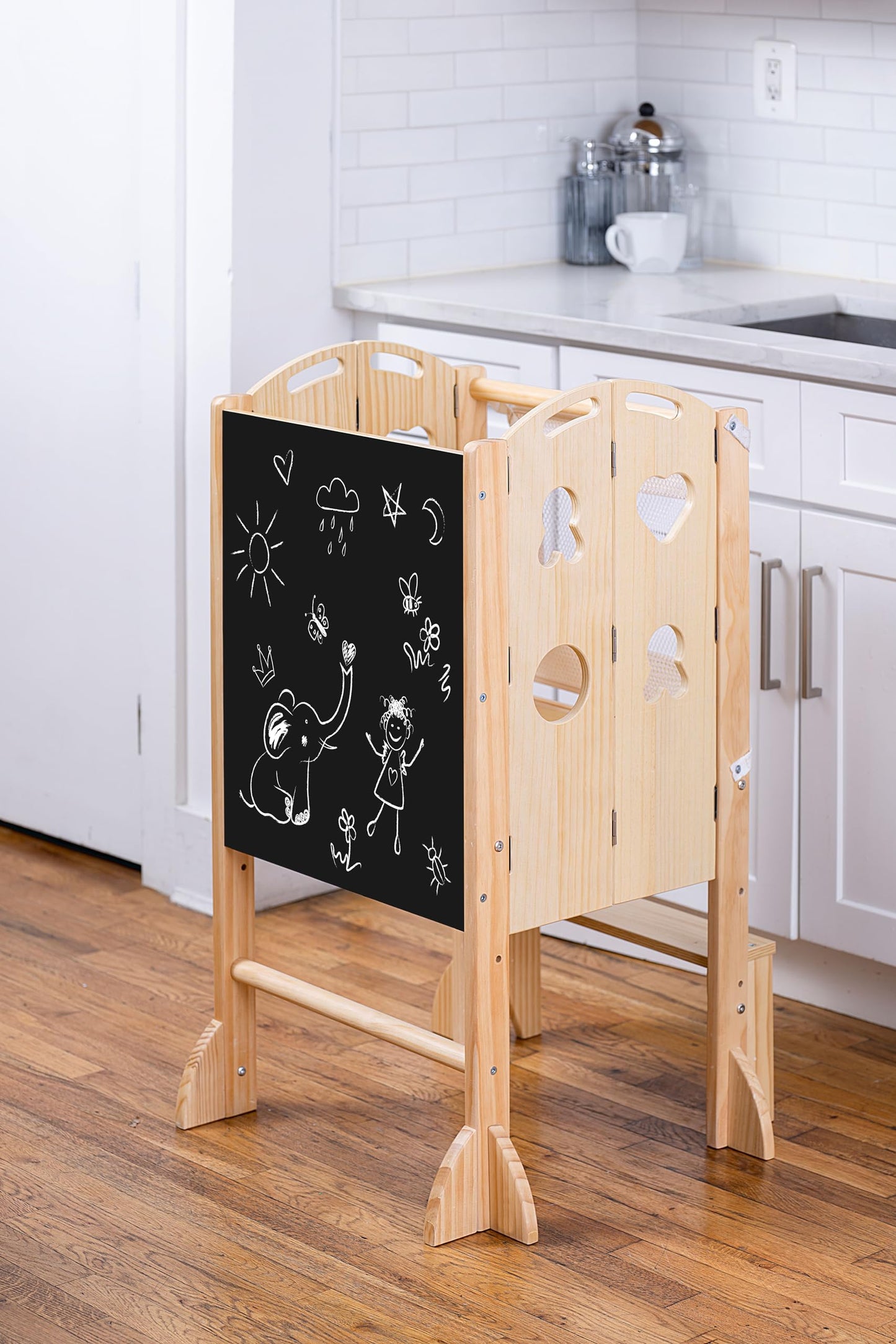 Avenlur Plum - 3 in 1 Foldable Kitchen Tower - Step Stool for Toddlers - Ideal for Kitchen, Living Room, Playroom, and More - with Integrated Chalkboard - Children Kitchen Stool, Natural