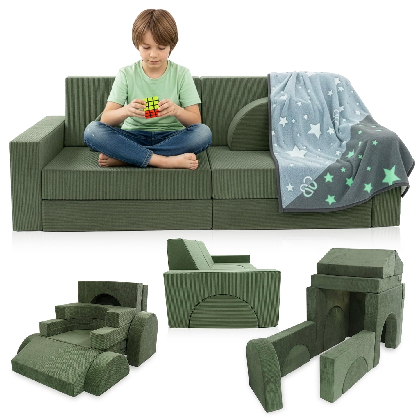 Cubby Couch 12-Piece Modular Kids Play Couch - Soft & Durable Toddler Couch with CertiPUR US Foam, Washable Covers - Playroom Furniture, Kids Sofa for Lounge, Living Room & Playroom - Green