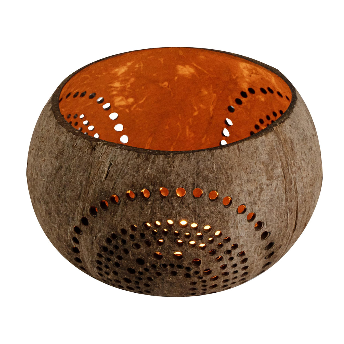 Restaurantware-Coco Casa 4 x 3.3 Inch Coconut Shell Candle Holders, 1 Reusable Tealight Holders - Candle Not Included, Rainbow Pattern, Tan Coconut Bowls For Candles, Handcrafted