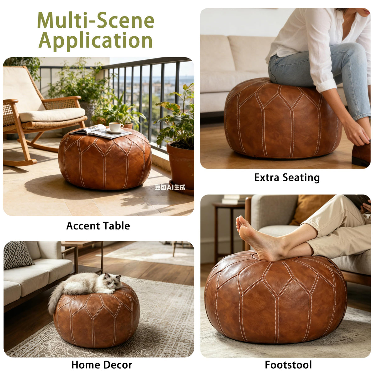 Thgonwid Round Unstuffed Pouf Cover, Faux Leather Storage Ottoman, Boho Moroccan Foot Stool, Multi-Purpose Home Decor for Living Room, Bedroom and Balcony, Brown, No Filling Included