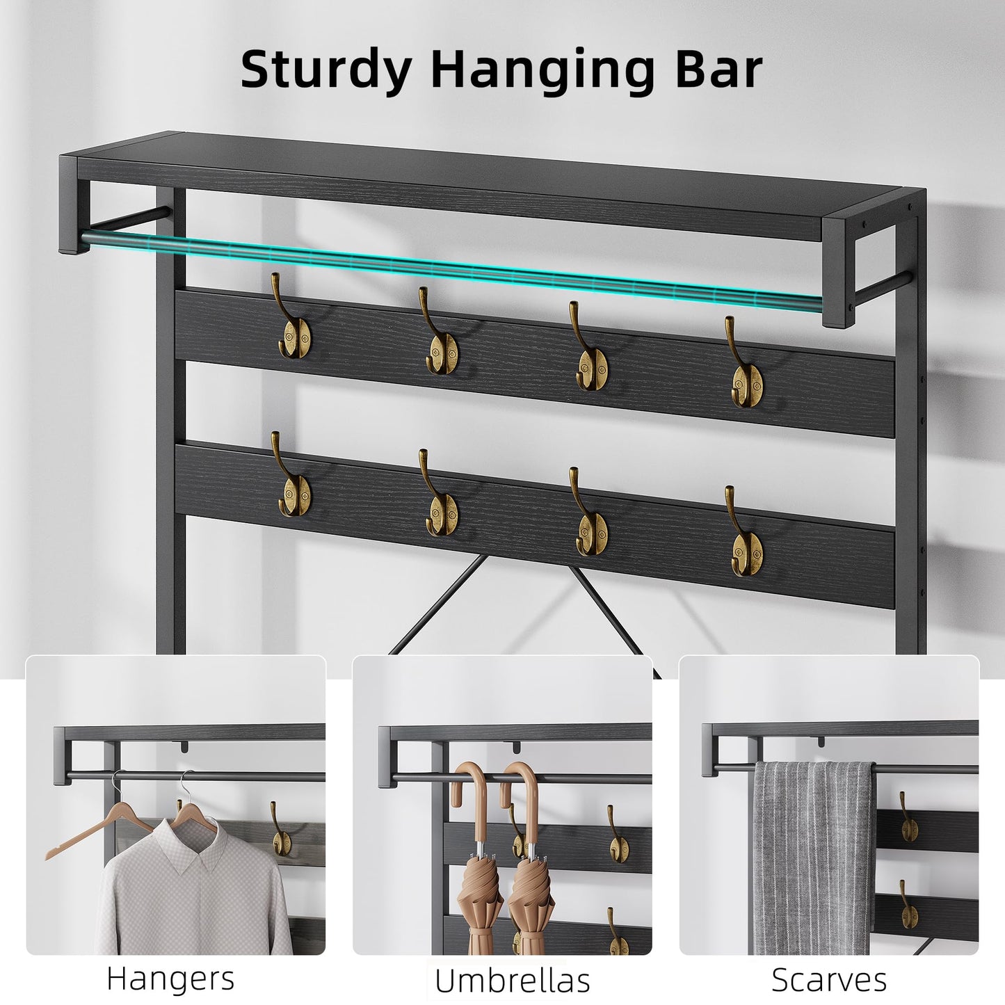 IDEALHOUSE Industrial Hall Tree with Bench and Shoe Storage, 3-in-1 Entryway Mudroom Organizer with 8 Coat Hooks, Heavy Duty Standing Clothes Rack for Hallway, Black