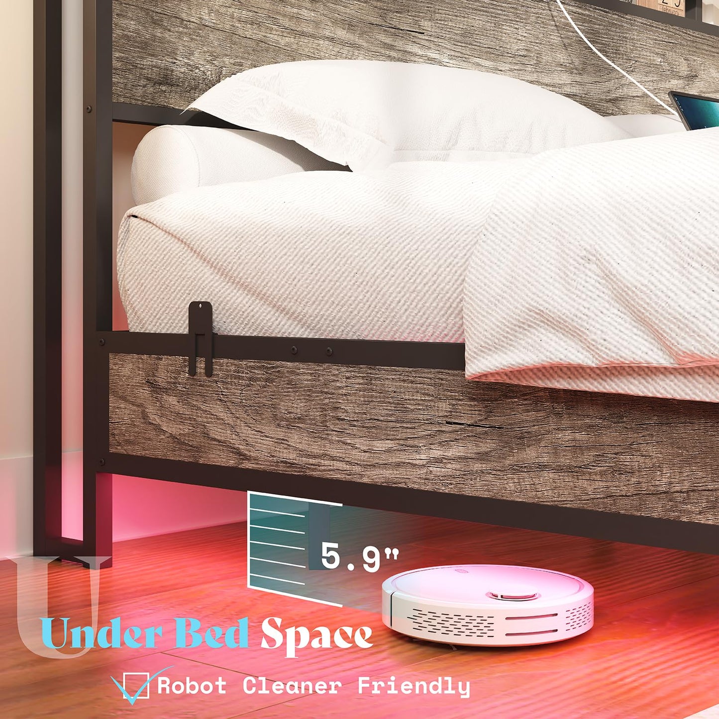 AMERLIFE Full Size Floating Bed Frame with 2-Tier Storage Headboard, Metal Bed Frame with Charging Station & LED Lights, No Box Spring Needed, Rustic Grey