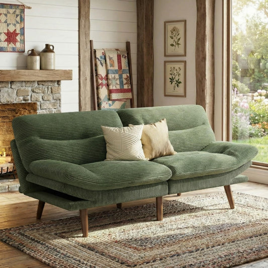 Marsail 66" Futon Sofa Bed, Futon Couch with Adjustable Backrest & Armrests, Convertible Sleeper Sofa Bed for Apartment, Living Room, Office, Corduroy Loveseat, Green