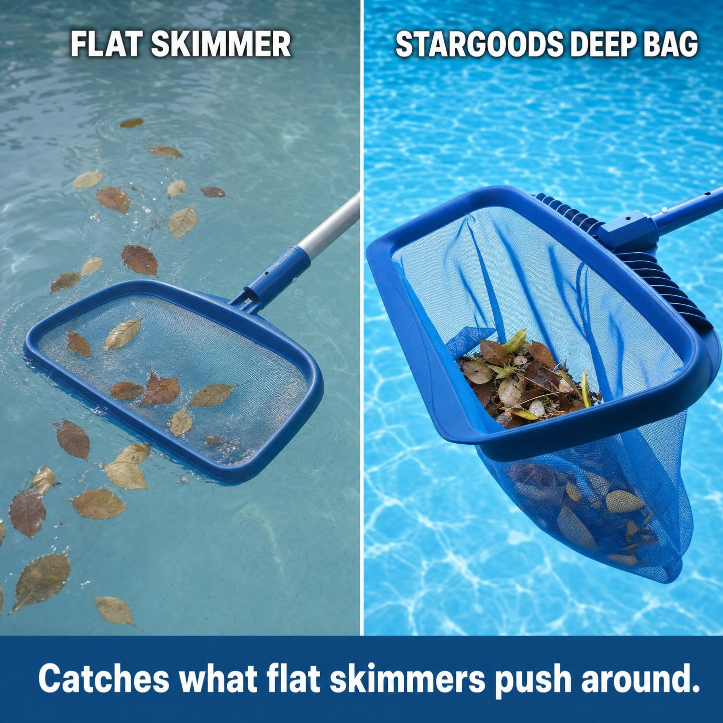 STARGOODS 20" Pool Skimmer Net - Heavy-Capacity Deep Bag Leaf Rake for Inground & Above Ground Pools - Fine Mesh Catches Leaves, Pet Hair & Debris - Pool-Safe Rounded Edges - Fits Standard Poles, Blue
