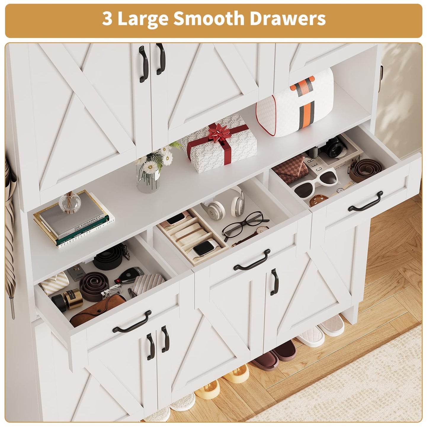 Tall Shoe Cabinet with 5 Tiers, 3 Drawers & 6 Barn Doors, Farmhouse Shoe Rack Organizer, Adjustable Shelves, Solid Wood Legs, White, for Entryway