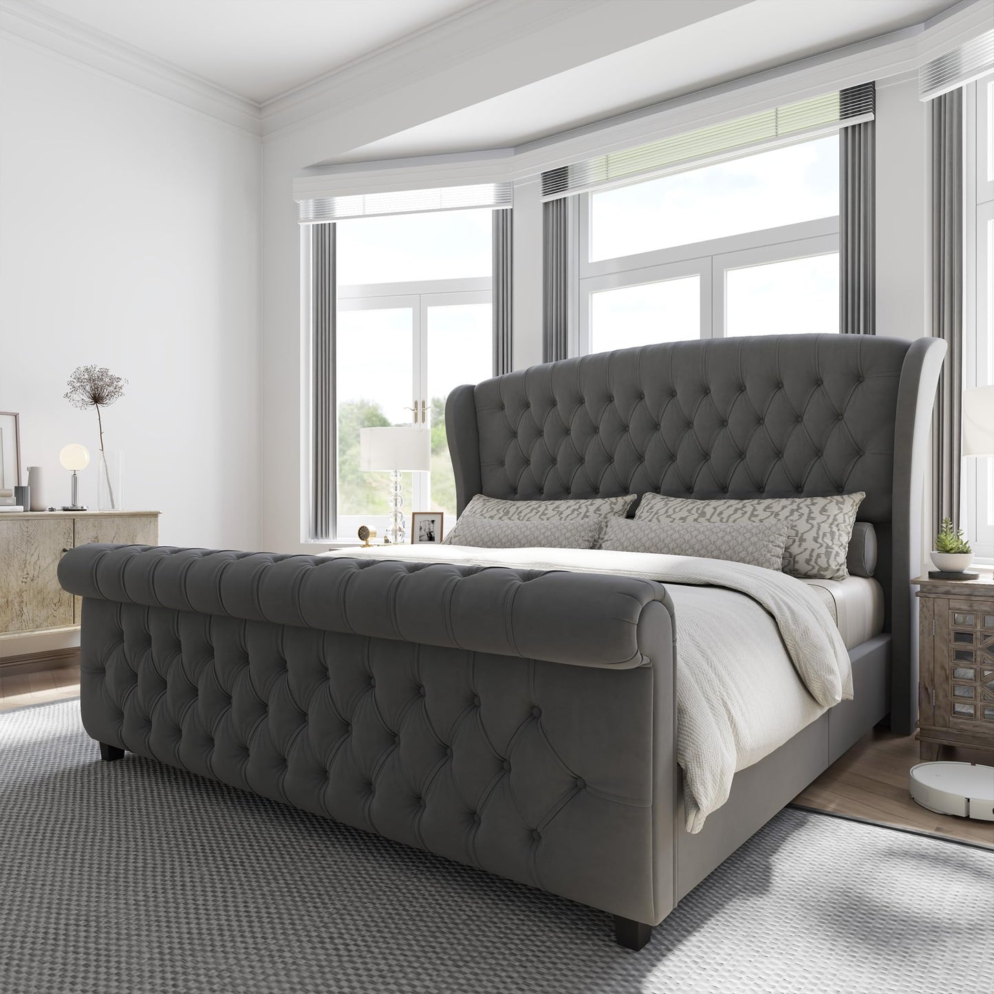 AMERLIFE California King Upholstered Sleigh Bed Frame with Headboard