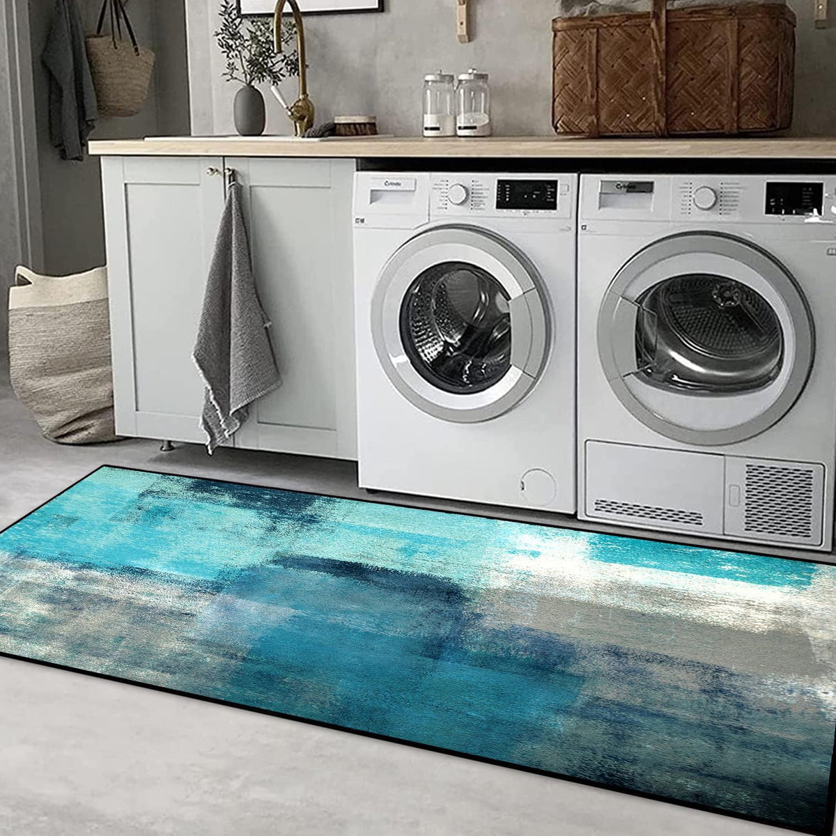 TOMWISH Teal Grey Abstract Art Kitchen Mat Turquoise Kitchen Rugs Sets 3PCS