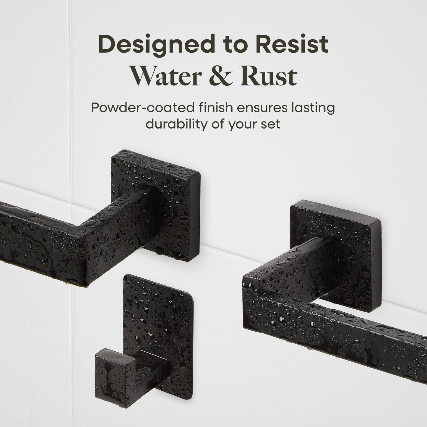 Black Bathroom Hardware Set, 5-Piece + 15.7" Shelf & 2 Adhesive Robe Hooks