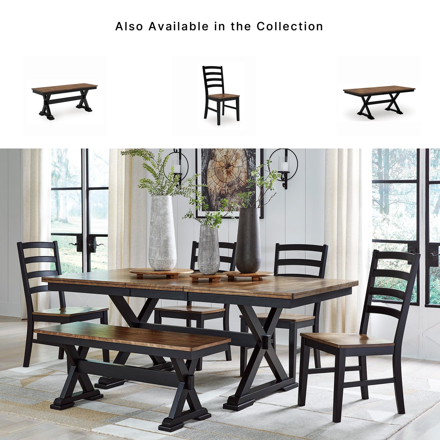 Signature Design by Ashley Wildenauer Dining Bench, 48 Inch Farmhouse Two Tone Wooden Seating with Solid Wood Frame, Mango Veneer and MDF Substrate Seat, Casual Entryway or Kitchen Use, Brown/Black