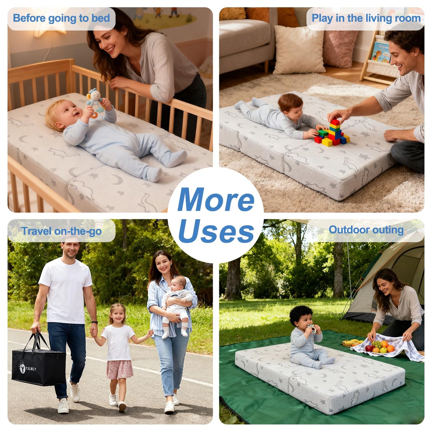 YJLMLY 5" Tri-Fold Foam Pack and Play Mattress Topper,39"x26"- Memory Comfort High Density Plush - Breathable Removable Washable Cover - Portable Travel Pad with Carry Bag for Indoor & Outdoor Use