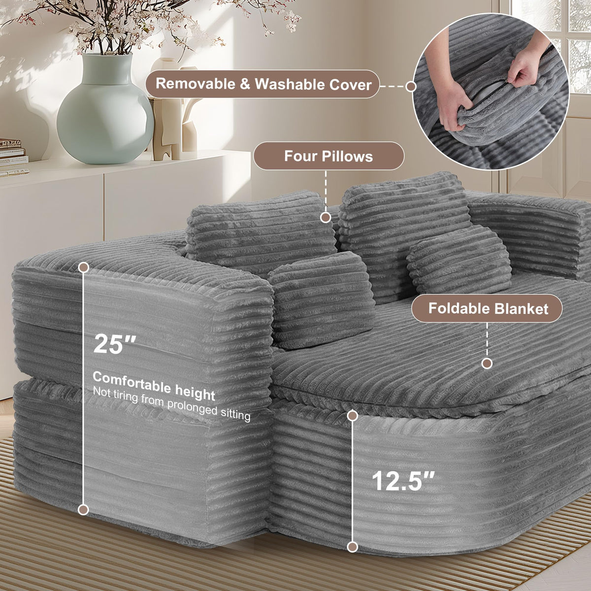 IZLKQC 75'' Folding Sleeper Sofa Bed, Memory Foam Boneless Couch