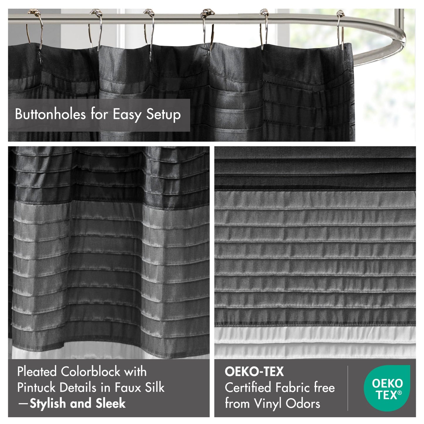 Madison Park Amherst Bathroom Shower Curtain Faux Silk Pieced Striped Modern Microfiber Bath Curtains, 72x72 Inches, Black