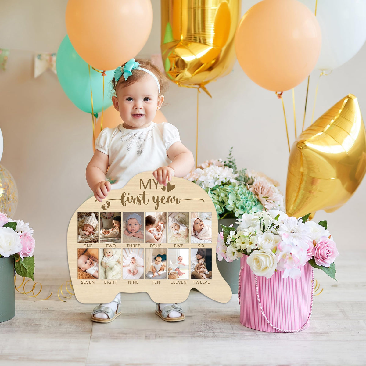 UIBOVA Elephant My First Year Photo Board, Baby Milestone Signs for Boys Girls Nursery Decor, 12 Month Pictures for Baby First Year, Picture Board for 2x3 Photos, Best Babies Keepsake Gifts-A28
