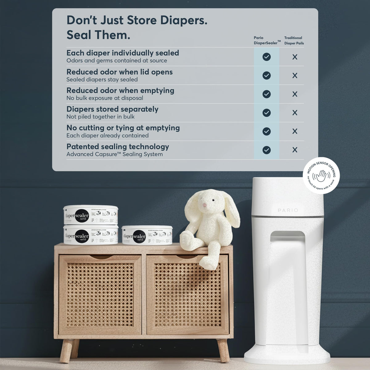 Pario DiaperSealer Automatic Diaper Pail & Refill, Newborn Baby Essentials