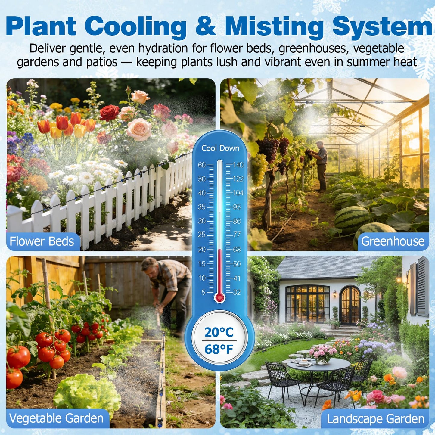 Mellbree Misters for Outside Patio 30FT/9M, Pre-Assembled Misting Cooling System with 8 Brass Nozzles & 3/4" Adapter, Outdoor Mister for Backyard, Garden, Greenhouse, Chicken Coop, Dog House