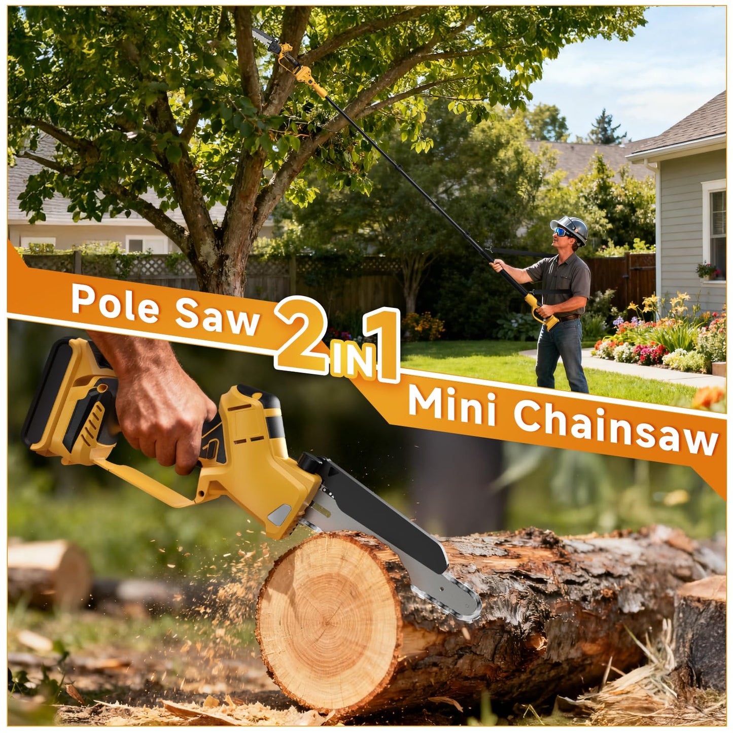 2-in-1 Cordless 8 Inch Pole Saw & Mini Chainsaw Compatible with Dewalt 20V Max Batteries (Not Included), Electric Pole Saws for Tree Trimming Battery Powered with 15.5 FT Max Reach Extension Pole