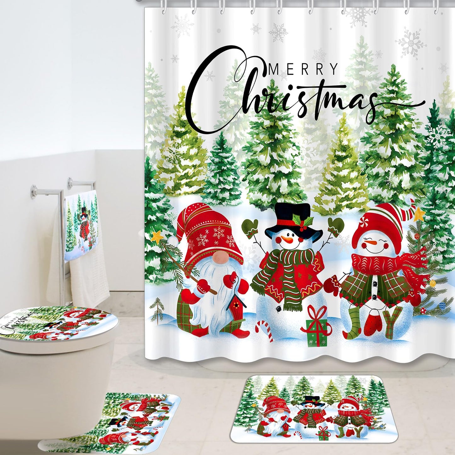 Tiamon 7 Pcs Christmas Snowman Shower Curtain Set with Rugs Toilet Mats