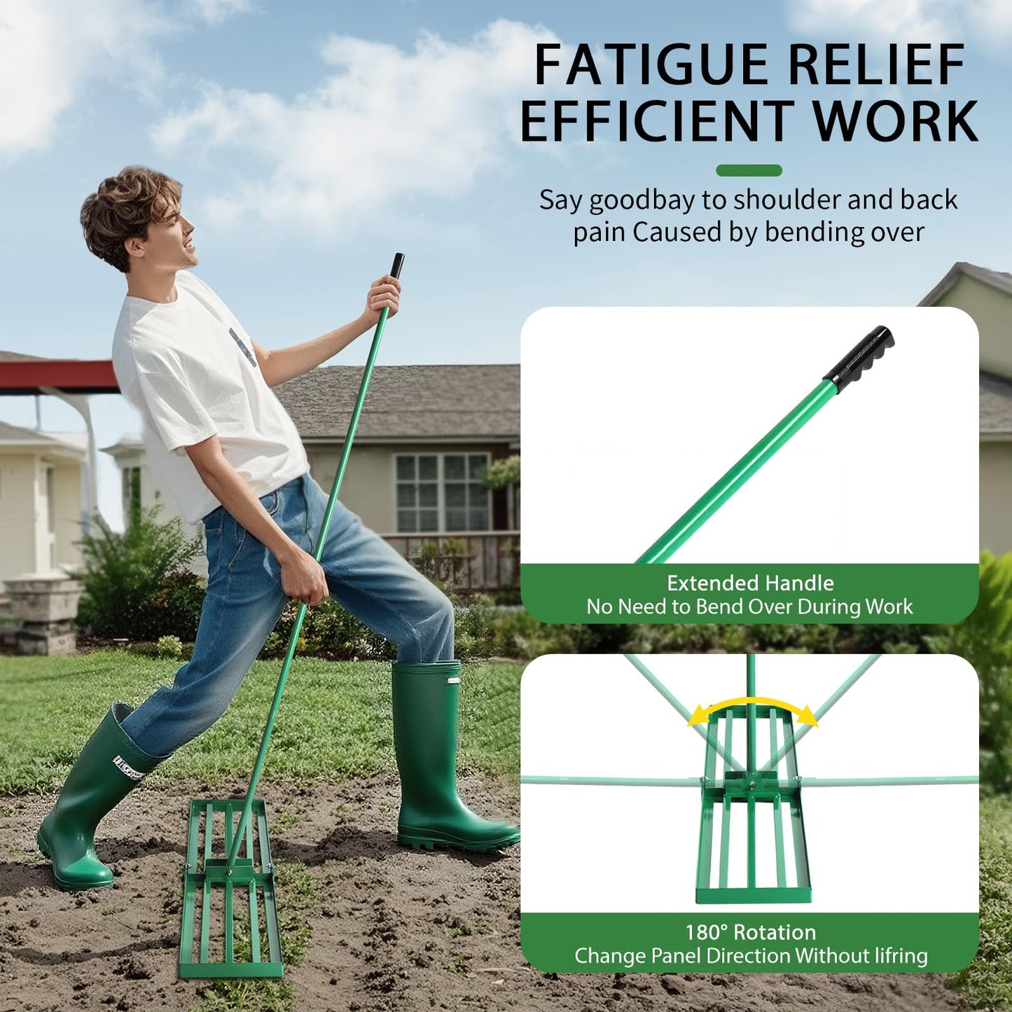 VINGLI Iron Lawn Leveling Rake 36in for Soil Sand Composs, Extended Handle, 180°Rotation Head, with All Handwares, for Yard Garden Golf Field, Green (36in)