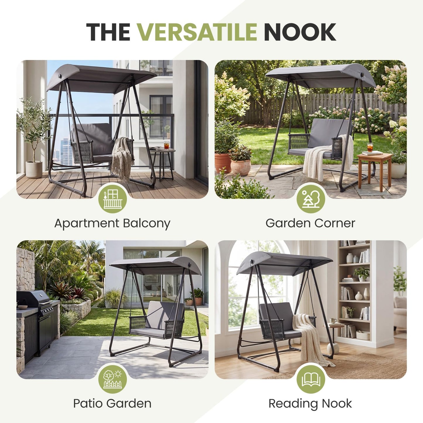 DAYARUS Porch Swing with Stand, Outdoor Swing with Canopy, All Weather Outdoor Swings for Adults, 400lbs Heavy Duty Porch Swings with Removable Cushions, Single Hanging Chair for Small Space, Grey