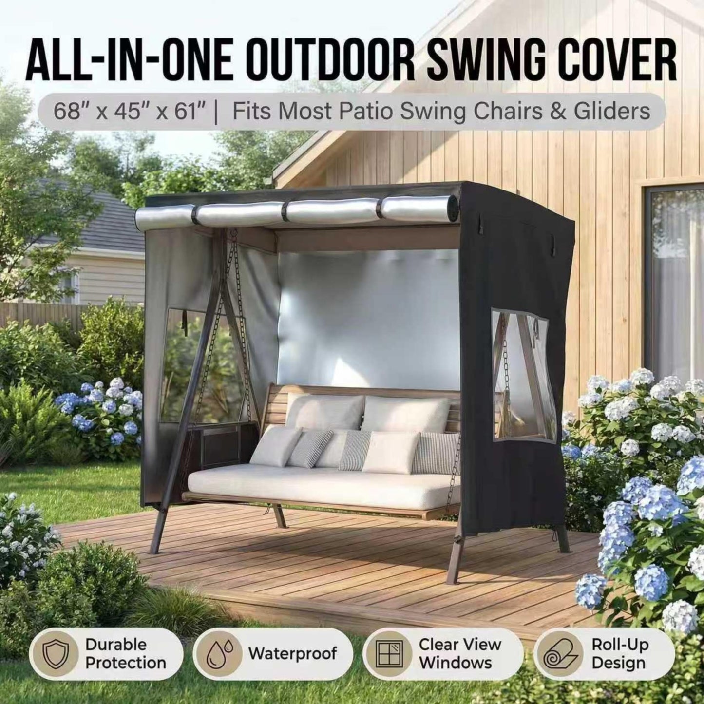 Outdoor Swing Cover,Patio Swing Chair Covers,Garden Hammock Glider Chair Cover,Can be Used Without Disassembly,Black (68”x45”x61”)
