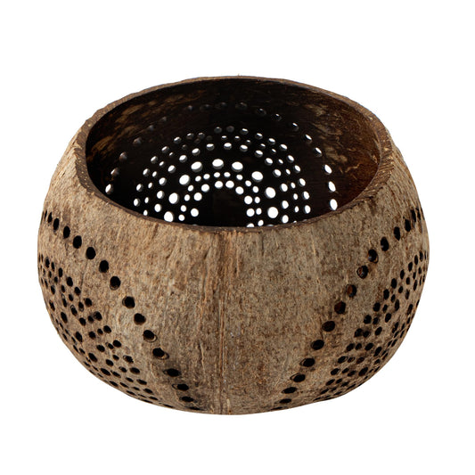 Restaurantware-Coco Casa 4 x 3.3 Inch Coconut Shell Candle Holders, 1 Reusable Tealight Holders - Candle Not Included, Rainbow Pattern, Tan Coconut Bowls For Candles, Handcrafted