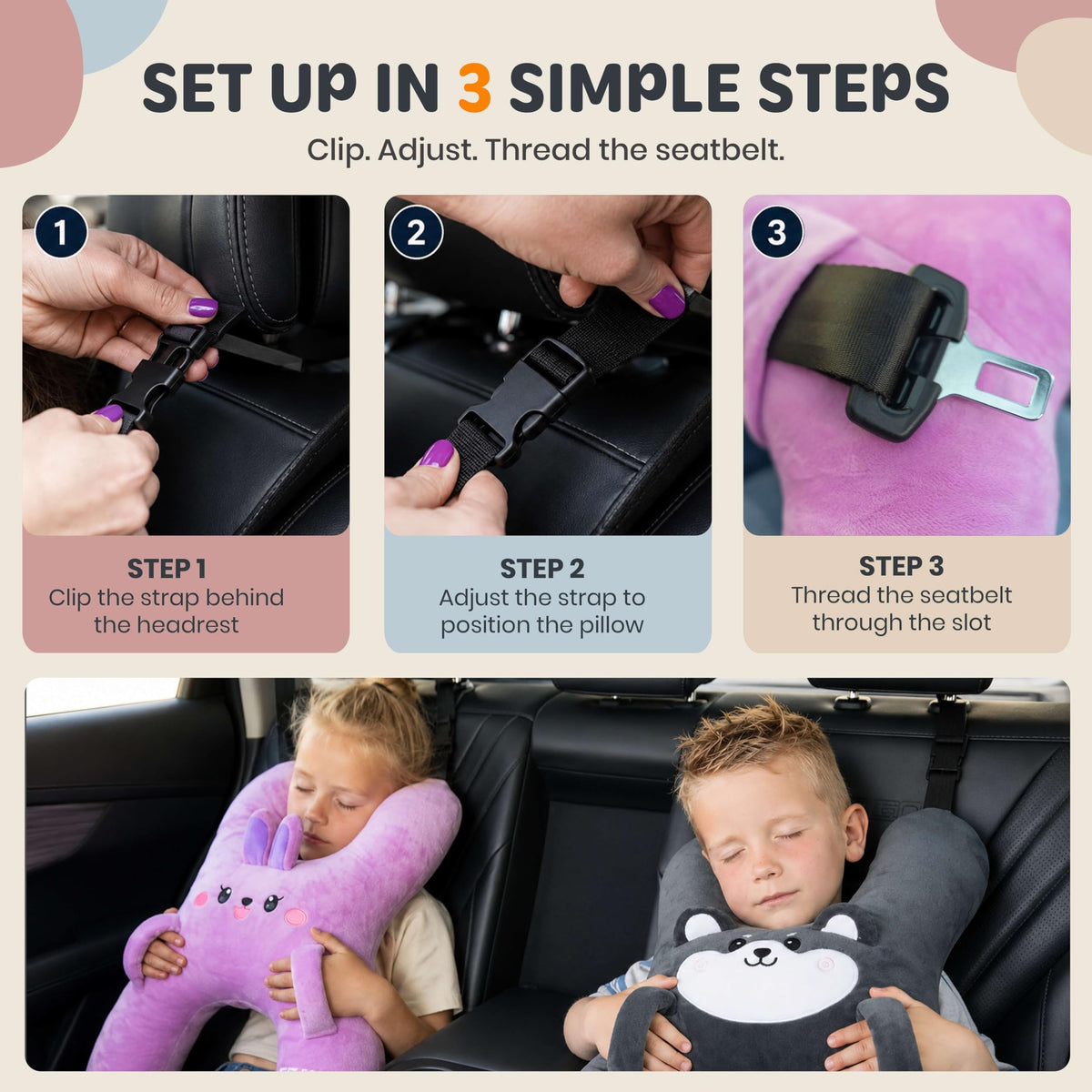 FOMO Finds Kids Car Sleeping Pillow, Neck & Back Support, Purple Rabbit
