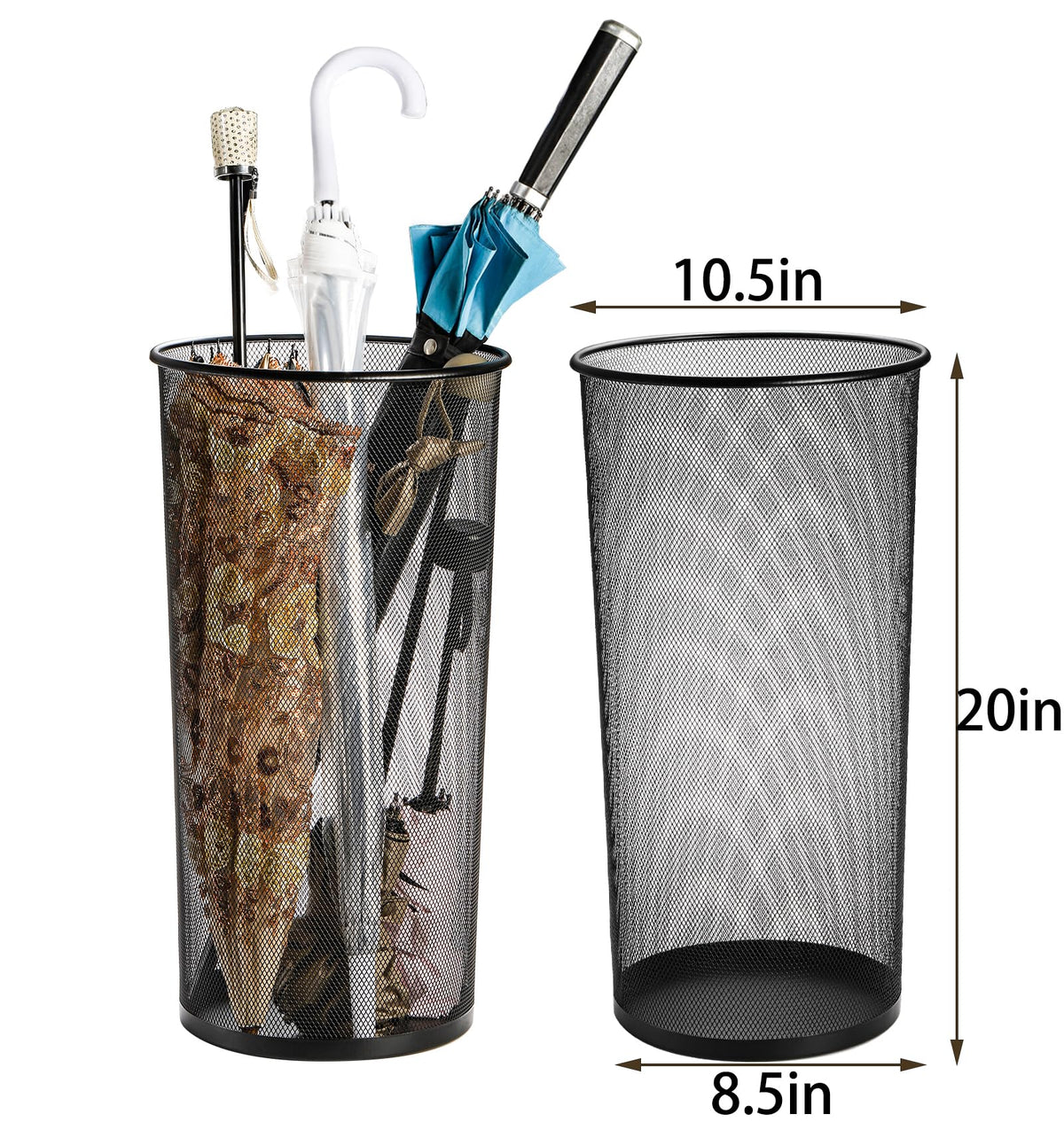 Youeon 2 Pack Large Umbrella Holder, 10.5x20 Inch Metal Mesh Umbrella Stand, Freestanding Bucket for Umbrellas, Canes, Walking Sticks, Wrapping Paper, Entryway, Home, Office, Hotel, Black
