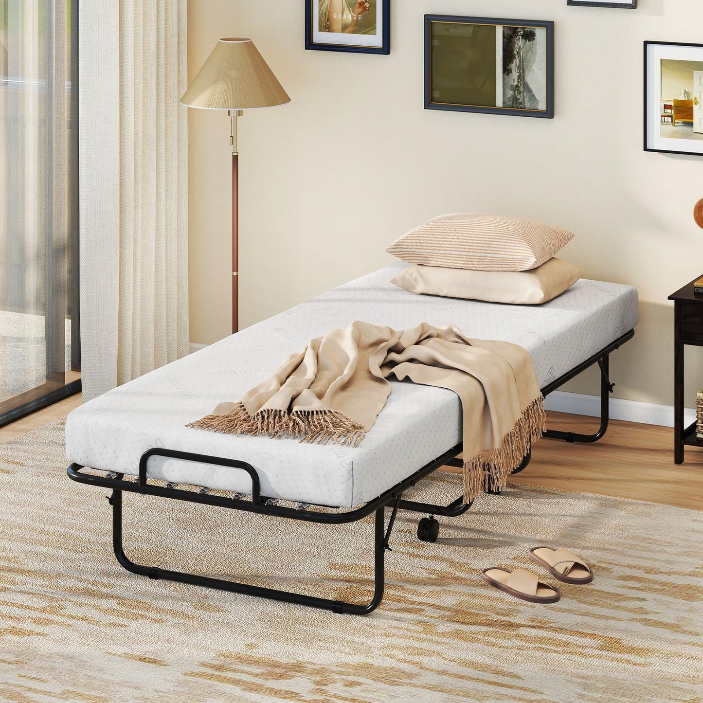 KOMFOTT Folding Bed with Mattress, Cot Size Rollaway Guest Bed with Heavy-Duty Metal Frame & Lockable Wheels, Space Saving Portable Fold up Sleeper Beds for Office, Apartment, Small Spaces