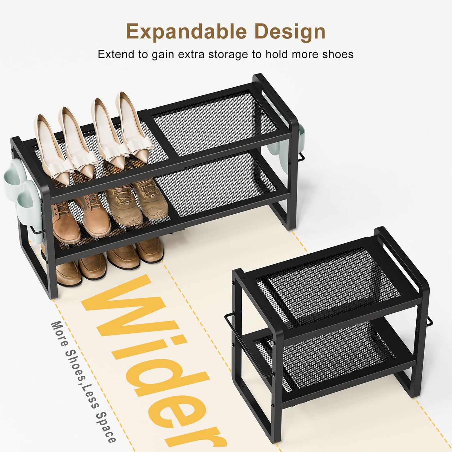 Gasvadivum 2 Tier Expandable Shoe Rack for Closet, Adjustable Heavy Duty Metal Shoe Organizer Shelf for Entryway, Stackable Shoe Stand Holder for Garage, Bedroom, Door Entrance, Black