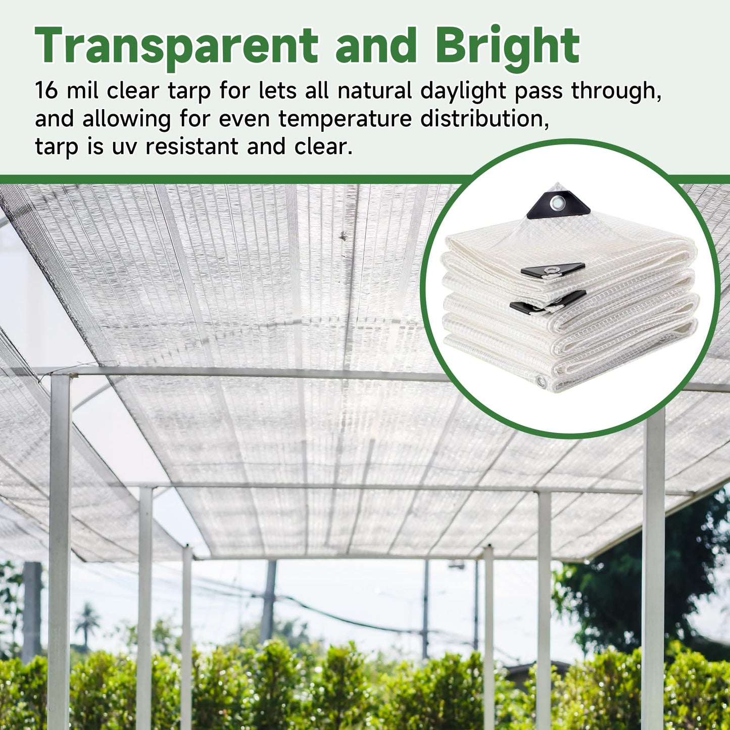 16Mil Greenhouse Cover, 14x18 FT Clear Heavy Duty Greenhouse Tarp, UV Resistant Waterproof Green House Plastic Covering with Grommets for Garden, Farms, Nursery (Cover-GRH-10X10FT)