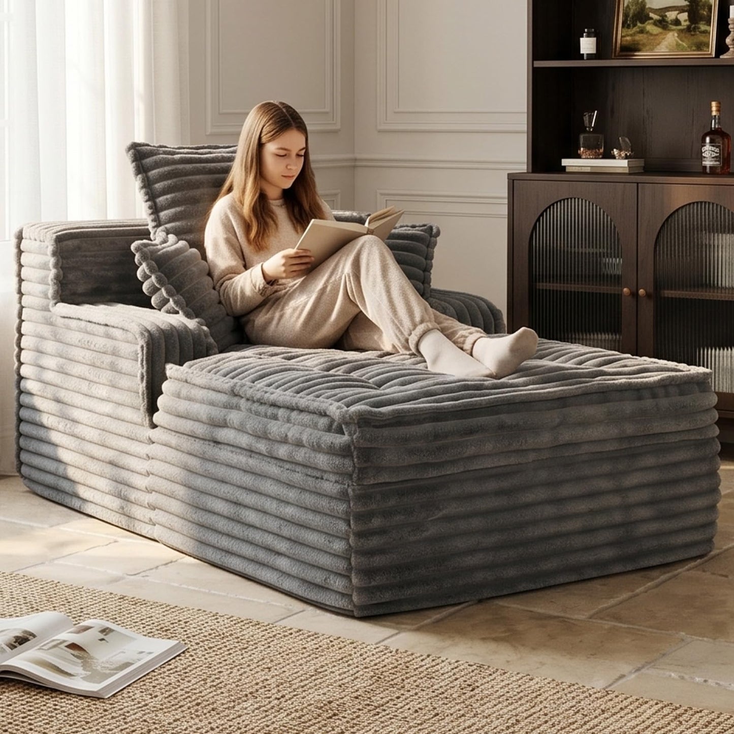 feliz home Boneless Chaise Lounge Couch Indoor, Small Corduroy Upholstered Sleeper Sofa Bed Reading Chairs with 3 Pillows, Fluffy Comfy Cloud Sofas Couches, Compression Boneless Sofa for Small Corner