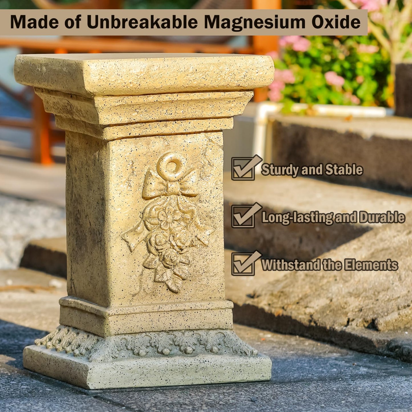 MOCOME 19" Tall Garden Pedestal Stand with Bow Design, Heavy Duty Magnesium Oxide Plinth, Weatherproof Outdoor Pedestal for Sculptures, Flower Pots, Decor – Sturdiness Plinth Base Statue Riser
