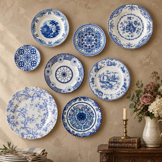 Ferrochef 8 Pcs Blue and White Ceramic Wall Plates with Hangers, Classic