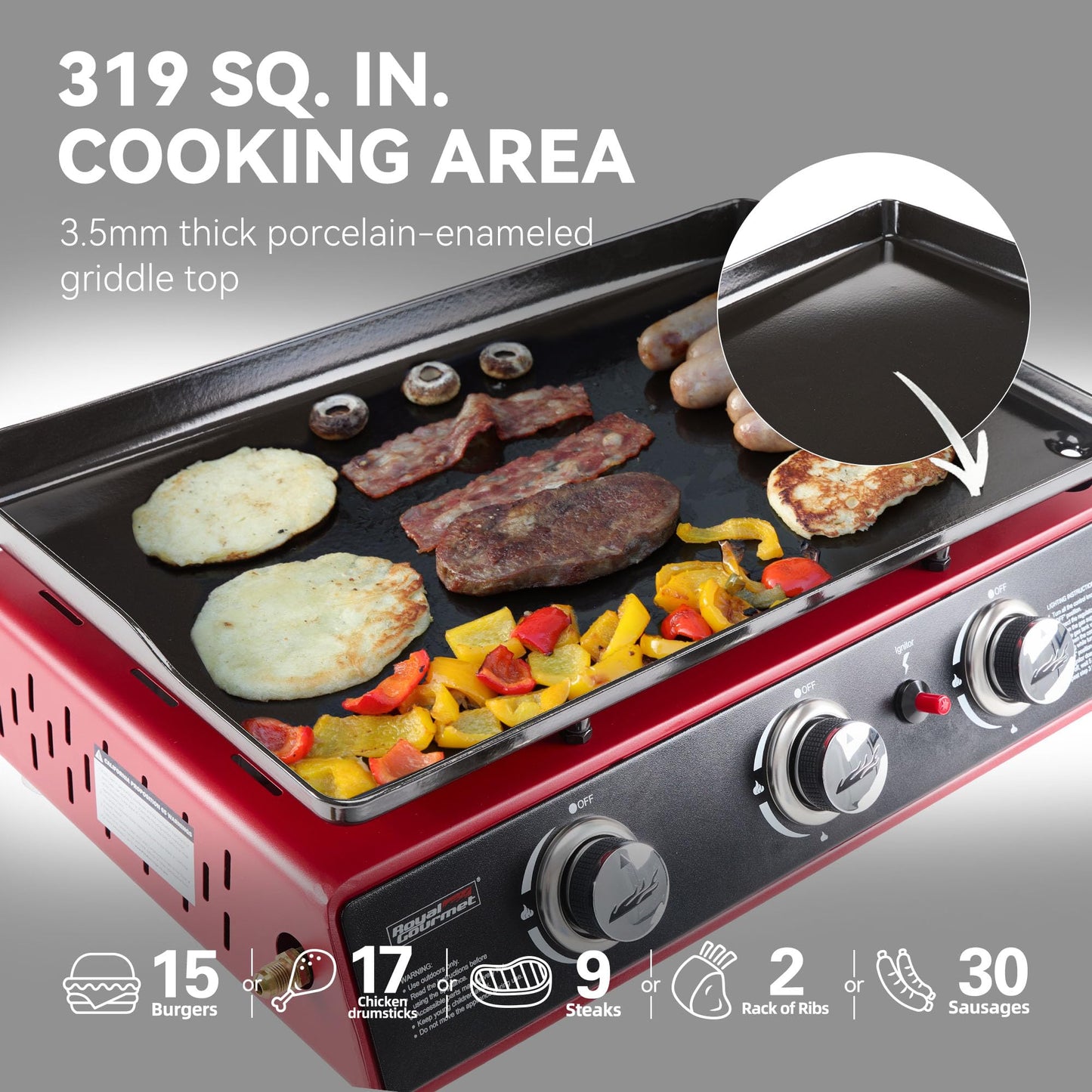 Royal Gourmet PD1301R 3 Burner Tabletop Propane Gas Griddle with Cover, 24 Inch Portable Griddle with 25,500 BTUs Output for Outdoor Cooking While Camping or Tailgating, Red