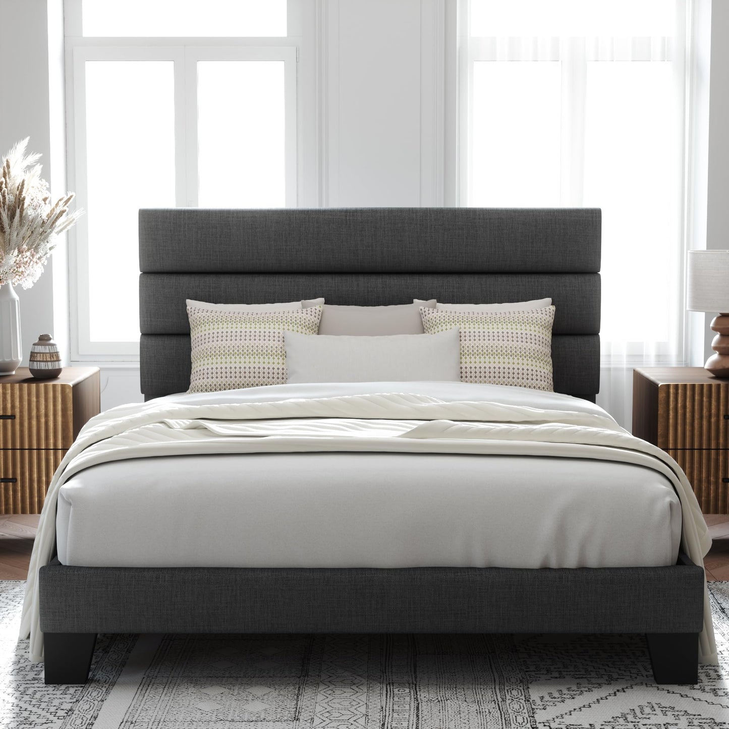 Allewie Queen Size Platform Bed Frame with Fabric Upholstered Headboard