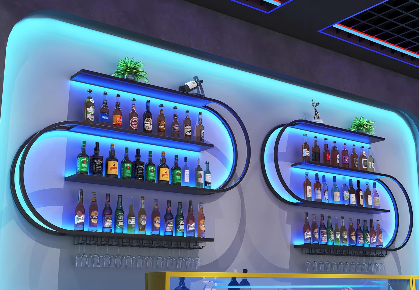 HFTUW 47 Inch Wall-Mounted Wine Rack with Led Light, 4-Tier Half Round Bar Shelves, Industrial Metal Display Storage Shelf & Wine Glass Hooks for Home Bar, Dining Room(Black-Blue Led, 47in/120cm)