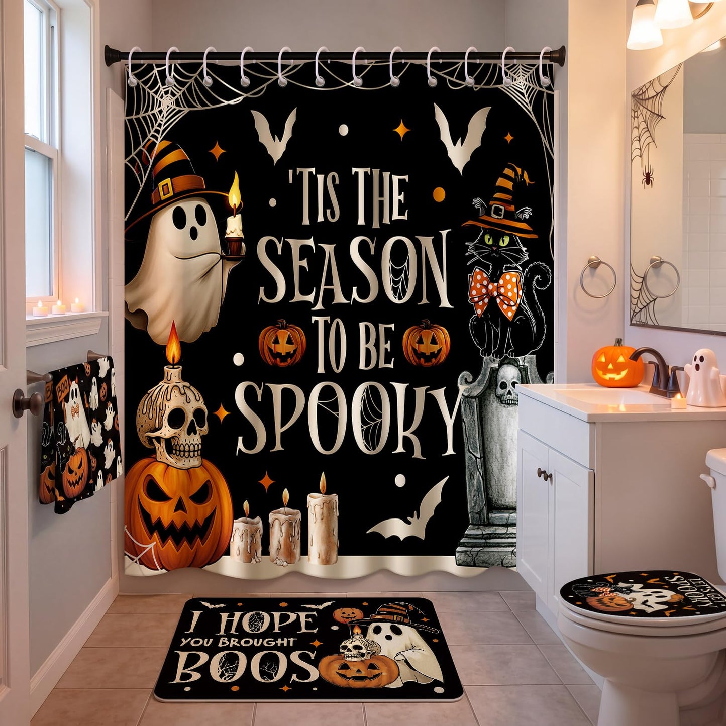 HunnmingRe 6 Pcs Halloween Bathroom Decor, Spooky Ghost Shower Curtain Sets
