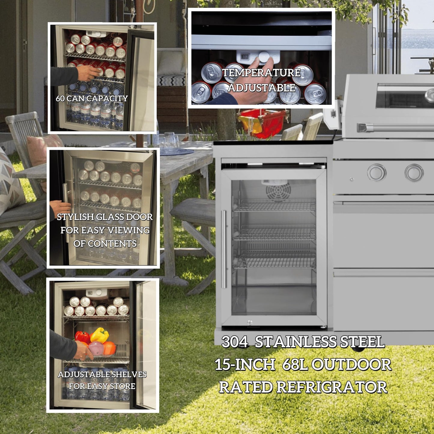 Outdoor Kitchen Island Gas Grill Pizza Oven Refrigerator Granite Countertop Sink Faucet Storage Cabinets Drawers Stainless Steel Barbecue Station Infrared Burner Side Range Warming Rack Gauge (Silver)