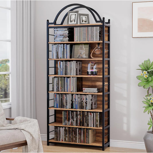 MUVJUG CD Storage Rack Holds 400+ CDs, 8-Tier CD DVD Storage Tower Organizer, Large Media Storage Shelf with Adjustable Feet for Living Room Bedroom Home Entertainment, Rustic Brown